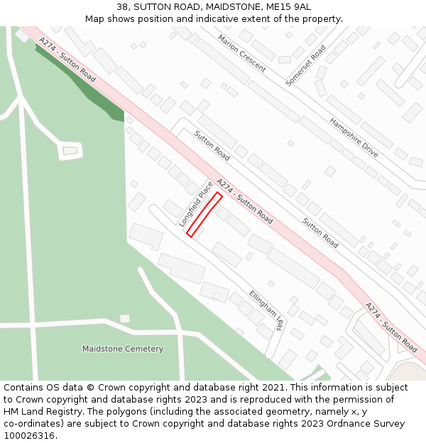38, SUTTON ROAD, MAIDSTONE, ME15 9AL: Location map and indicative extent of plot