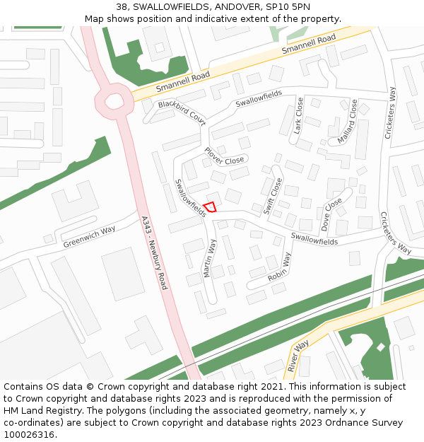 38, SWALLOWFIELDS, ANDOVER, SP10 5PN: Location map and indicative extent of plot
