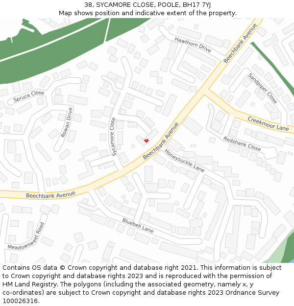 38, SYCAMORE CLOSE, POOLE, BH17 7YJ: Location map and indicative extent of plot