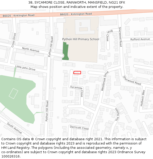 38, SYCAMORE CLOSE, RAINWORTH, MANSFIELD, NG21 0FX: Location map and indicative extent of plot