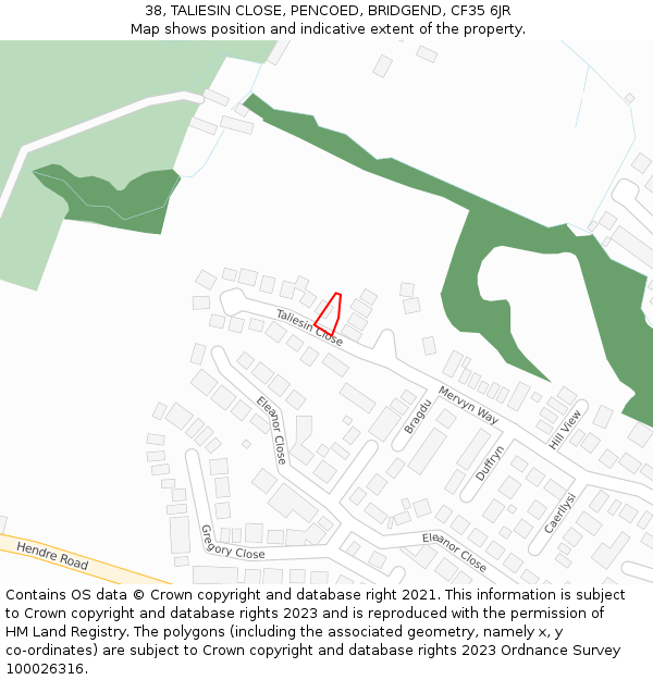 38, TALIESIN CLOSE, PENCOED, BRIDGEND, CF35 6JR: Location map and indicative extent of plot
