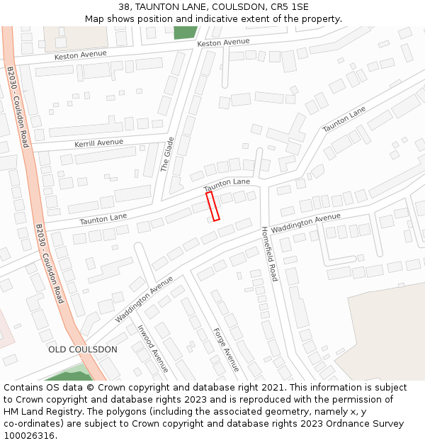 38, TAUNTON LANE, COULSDON, CR5 1SE: Location map and indicative extent of plot