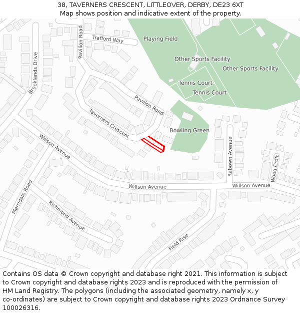 38, TAVERNERS CRESCENT, LITTLEOVER, DERBY, DE23 6XT: Location map and indicative extent of plot
