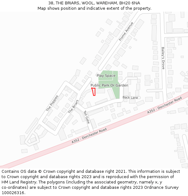 38, THE BRIARS, WOOL, WAREHAM, BH20 6NA: Location map and indicative extent of plot