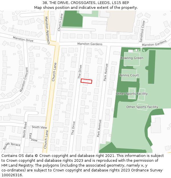 38, THE DRIVE, CROSSGATES, LEEDS, LS15 8EP: Location map and indicative extent of plot