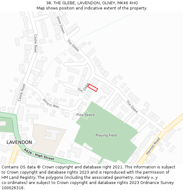 38, THE GLEBE, LAVENDON, OLNEY, MK46 4HG: Location map and indicative extent of plot