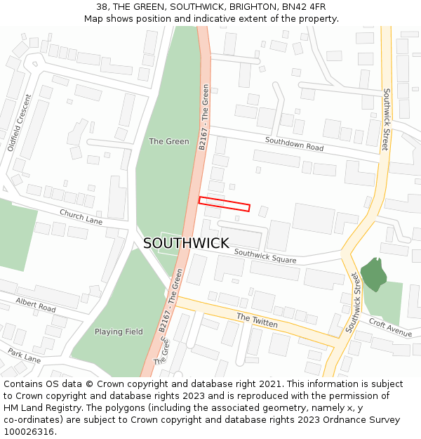 38, THE GREEN, SOUTHWICK, BRIGHTON, BN42 4FR: Location map and indicative extent of plot