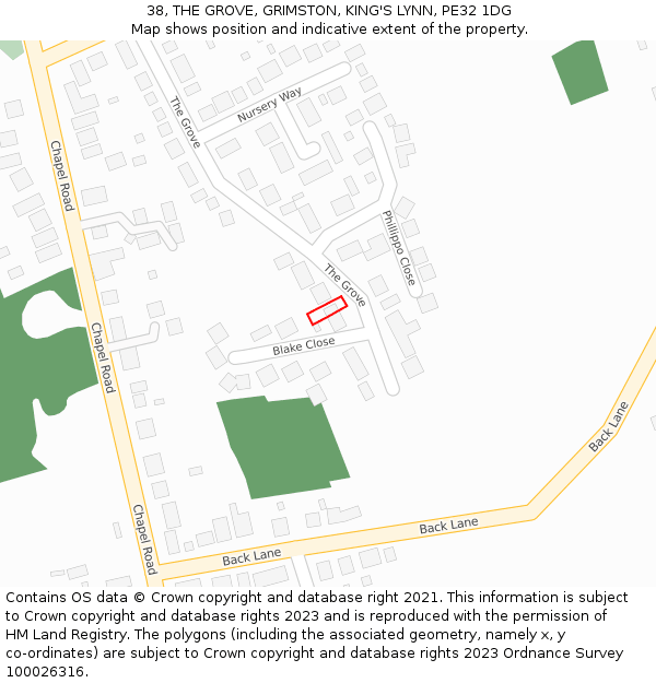 38, THE GROVE, GRIMSTON, KING'S LYNN, PE32 1DG: Location map and indicative extent of plot