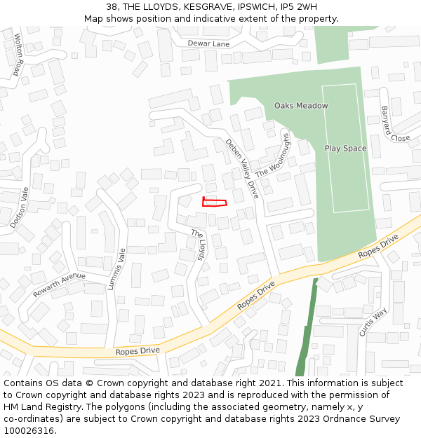 38, THE LLOYDS, KESGRAVE, IPSWICH, IP5 2WH: Location map and indicative extent of plot