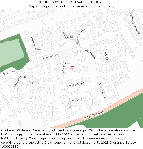 38, THE ORCHARD, LIGHTWATER, GU18 5YS: Location map and indicative extent of plot