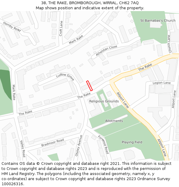 38, THE RAKE, BROMBOROUGH, WIRRAL, CH62 7AQ: Location map and indicative extent of plot