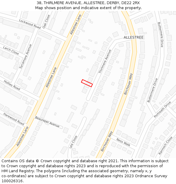 38, THIRLMERE AVENUE, ALLESTREE, DERBY, DE22 2RX: Location map and indicative extent of plot