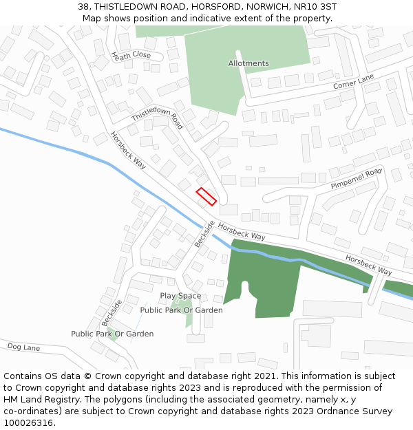 38, THISTLEDOWN ROAD, HORSFORD, NORWICH, NR10 3ST: Location map and indicative extent of plot