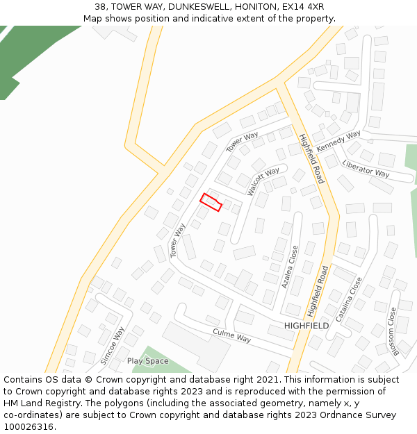 38, TOWER WAY, DUNKESWELL, HONITON, EX14 4XR: Location map and indicative extent of plot