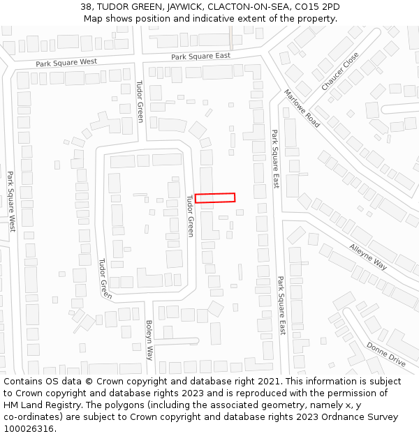 38, TUDOR GREEN, JAYWICK, CLACTON-ON-SEA, CO15 2PD: Location map and indicative extent of plot