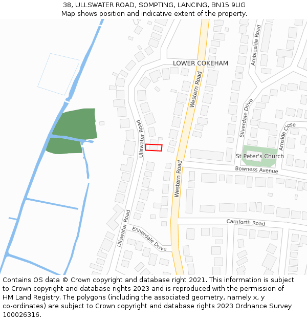 38, ULLSWATER ROAD, SOMPTING, LANCING, BN15 9UG: Location map and indicative extent of plot