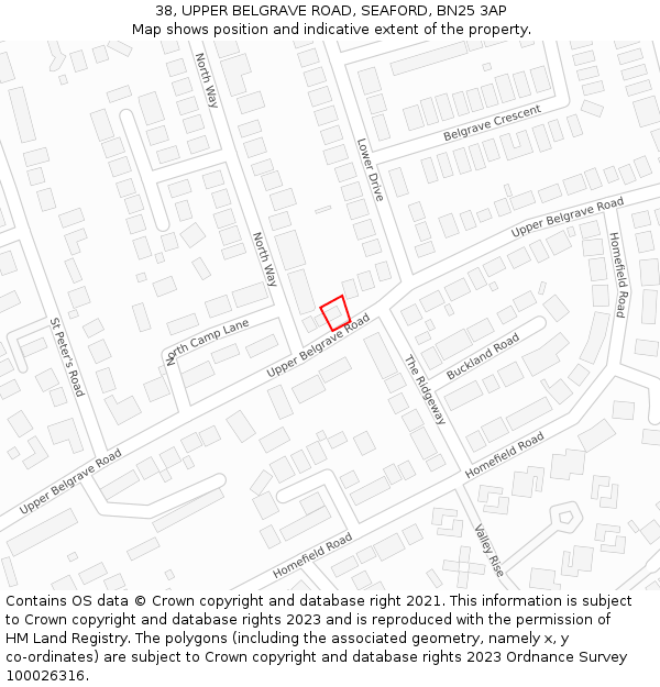 38, UPPER BELGRAVE ROAD, SEAFORD, BN25 3AP: Location map and indicative extent of plot