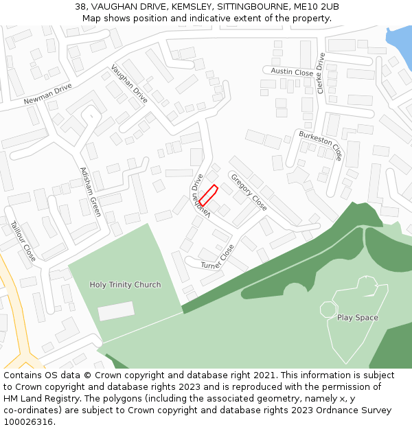 38, VAUGHAN DRIVE, KEMSLEY, SITTINGBOURNE, ME10 2UB: Location map and indicative extent of plot