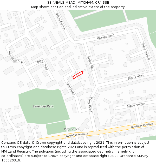 38, VEALS MEAD, MITCHAM, CR4 3SB: Location map and indicative extent of plot
