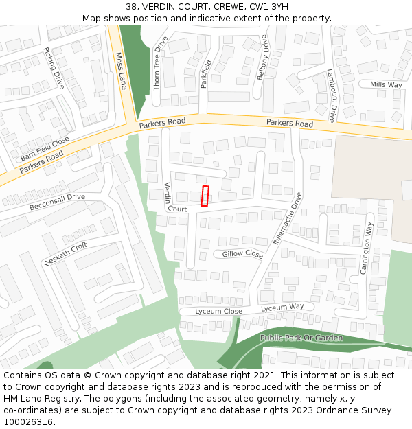 38, VERDIN COURT, CREWE, CW1 3YH: Location map and indicative extent of plot