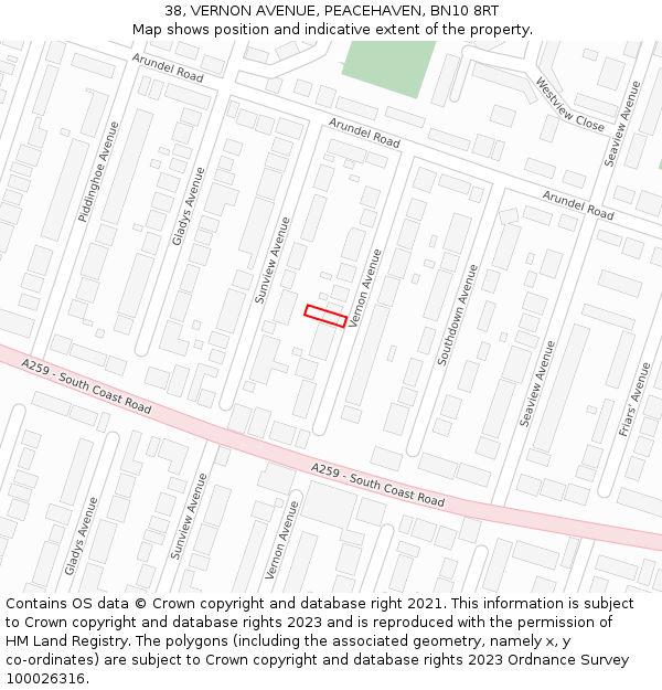 38, VERNON AVENUE, PEACEHAVEN, BN10 8RT: Location map and indicative extent of plot