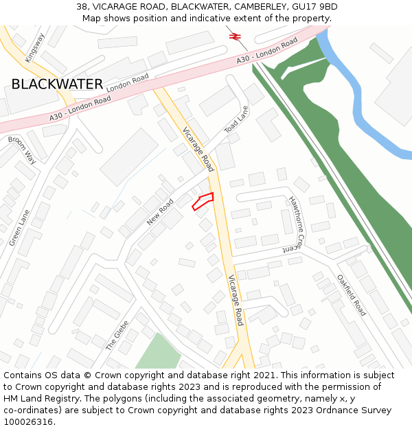 38, VICARAGE ROAD, BLACKWATER, CAMBERLEY, GU17 9BD: Location map and indicative extent of plot