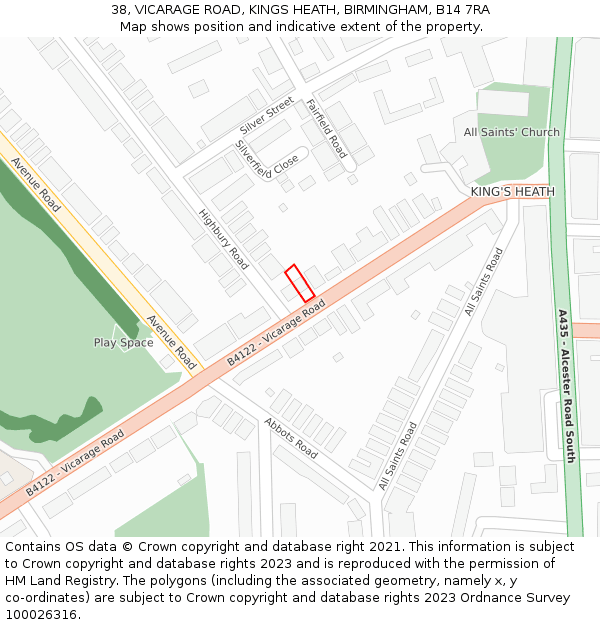 38, VICARAGE ROAD, KINGS HEATH, BIRMINGHAM, B14 7RA: Location map and indicative extent of plot