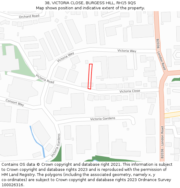 38, VICTORIA CLOSE, BURGESS HILL, RH15 9QS: Location map and indicative extent of plot