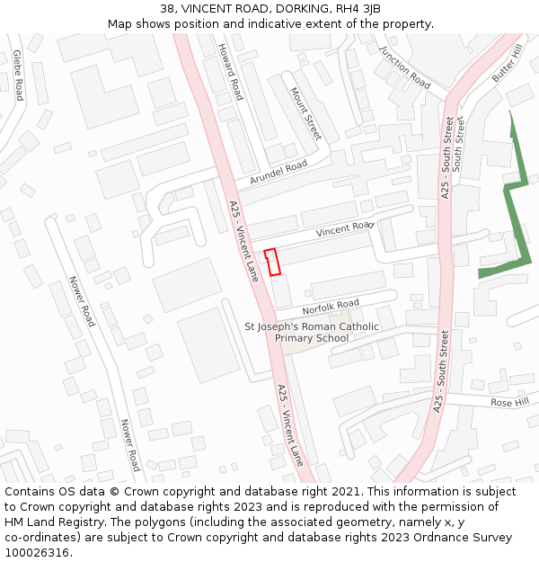 38, VINCENT ROAD, DORKING, RH4 3JB: Location map and indicative extent of plot