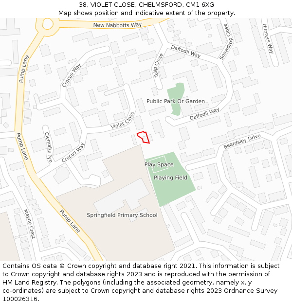 38, VIOLET CLOSE, CHELMSFORD, CM1 6XG: Location map and indicative extent of plot