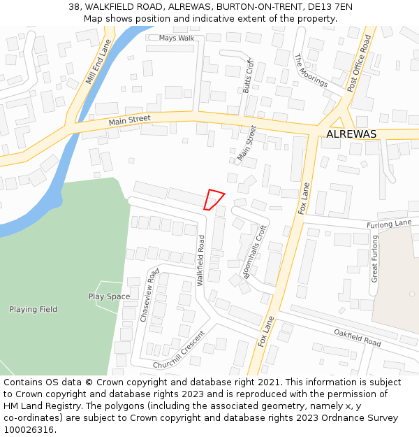 38, WALKFIELD ROAD, ALREWAS, BURTON-ON-TRENT, DE13 7EN: Location map and indicative extent of plot