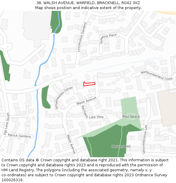 38, WALSH AVENUE, WARFIELD, BRACKNELL, RG42 3XZ: Location map and indicative extent of plot