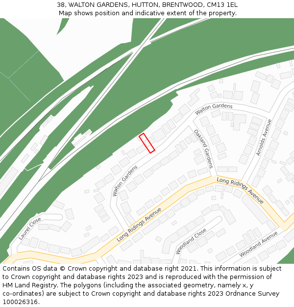 38, WALTON GARDENS, HUTTON, BRENTWOOD, CM13 1EL: Location map and indicative extent of plot