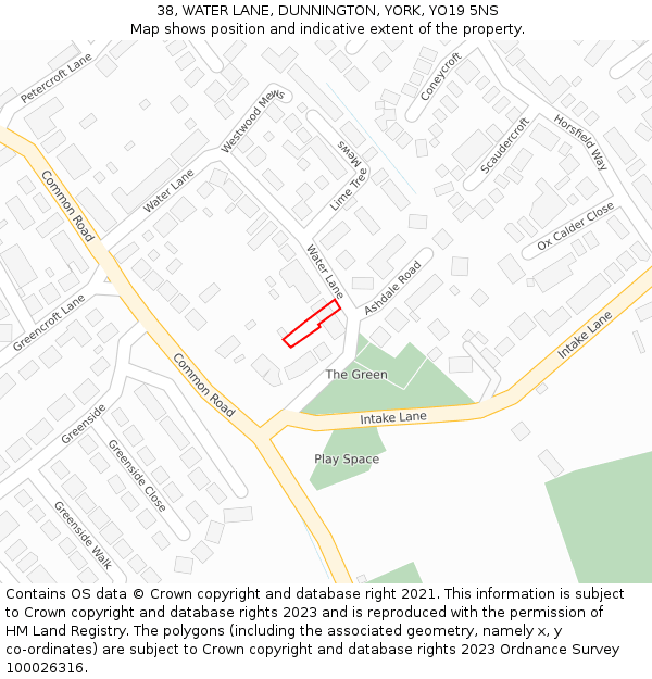 38, WATER LANE, DUNNINGTON, YORK, YO19 5NS: Location map and indicative extent of plot