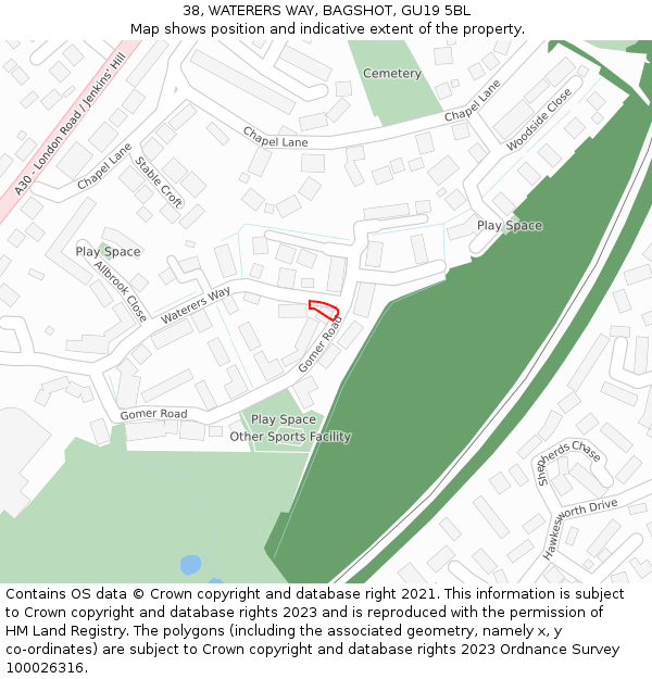 38, WATERERS WAY, BAGSHOT, GU19 5BL: Location map and indicative extent of plot