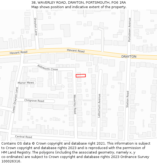 38, WAVERLEY ROAD, DRAYTON, PORTSMOUTH, PO6 1RA: Location map and indicative extent of plot