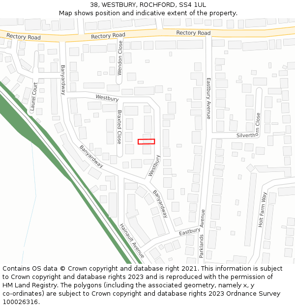 38, WESTBURY, ROCHFORD, SS4 1UL: Location map and indicative extent of plot