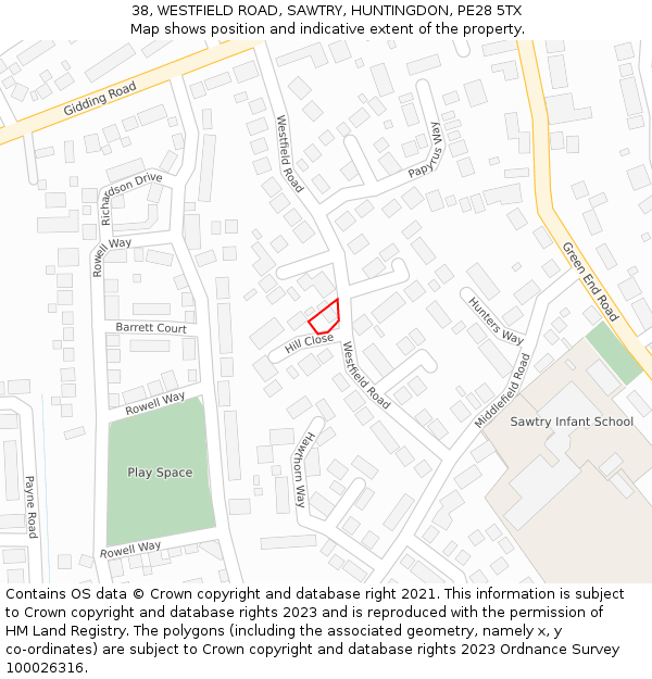 38, WESTFIELD ROAD, SAWTRY, HUNTINGDON, PE28 5TX: Location map and indicative extent of plot