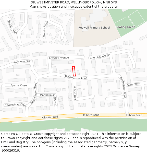 38, WESTMINSTER ROAD, WELLINGBOROUGH, NN8 5YS: Location map and indicative extent of plot