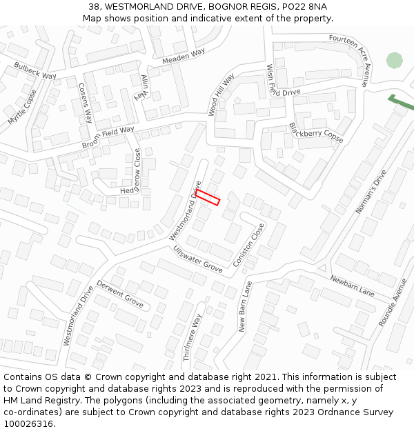 38, WESTMORLAND DRIVE, BOGNOR REGIS, PO22 8NA: Location map and indicative extent of plot