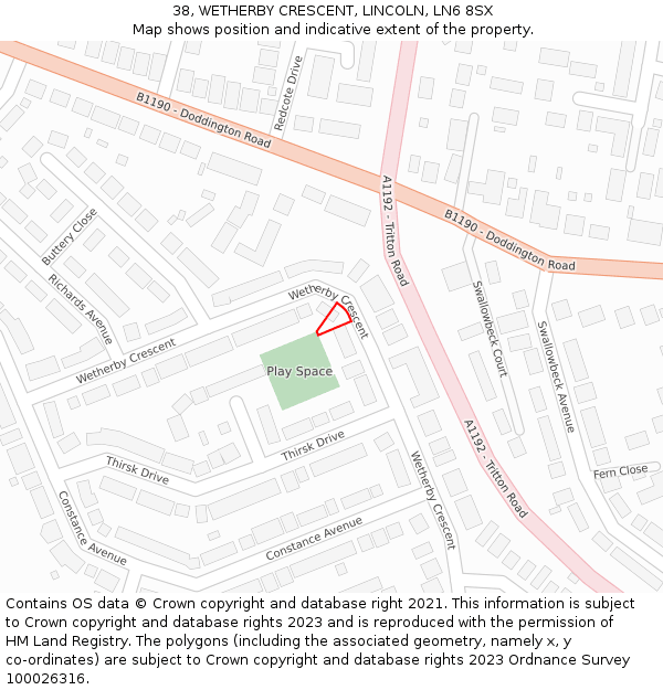 38, WETHERBY CRESCENT, LINCOLN, LN6 8SX: Location map and indicative extent of plot