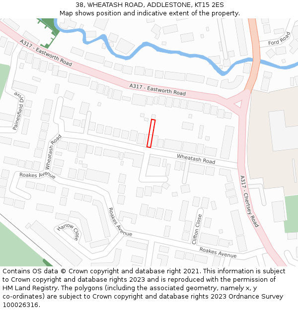 38, WHEATASH ROAD, ADDLESTONE, KT15 2ES: Location map and indicative extent of plot