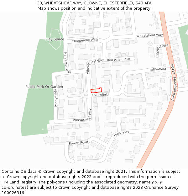 38, WHEATSHEAF WAY, CLOWNE, CHESTERFIELD, S43 4FA: Location map and indicative extent of plot