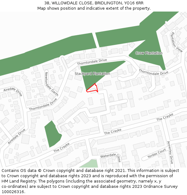 38, WILLOWDALE CLOSE, BRIDLINGTON, YO16 6RR: Location map and indicative extent of plot