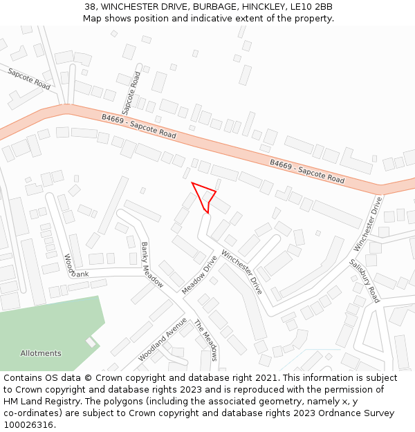 38, WINCHESTER DRIVE, BURBAGE, HINCKLEY, LE10 2BB: Location map and indicative extent of plot