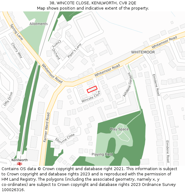 38, WINCOTE CLOSE, KENILWORTH, CV8 2QE: Location map and indicative extent of plot