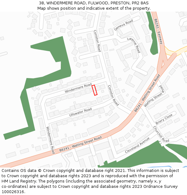 38, WINDERMERE ROAD, FULWOOD, PRESTON, PR2 8AS: Location map and indicative extent of plot