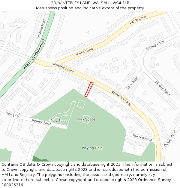 38, WINTERLEY LANE, WALSALL, WS4 1LR: Location map and indicative extent of plot