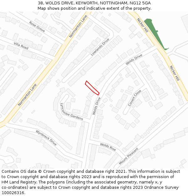 38, WOLDS DRIVE, KEYWORTH, NOTTINGHAM, NG12 5GA: Location map and indicative extent of plot