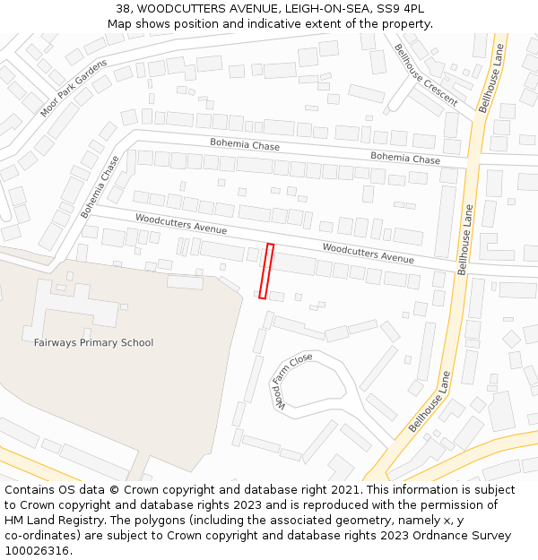 38, WOODCUTTERS AVENUE, LEIGH-ON-SEA, SS9 4PL: Location map and indicative extent of plot